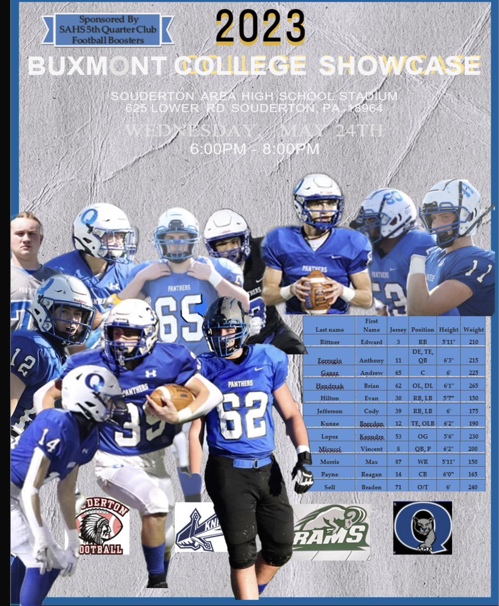 QPantherFB's tweet photo. The BUXMONT College Showcase is coming to @SASD_SAHS Evaluate the best PA District 1 athletes from area schools placing student-athletes at highly regarded FBS, FCS, D2 &amp; D3 schools. You don’t want to miss this event! @NorthPennKnight @QPantherFB @pennridgefb https://t.co/2vMSOxy8oz