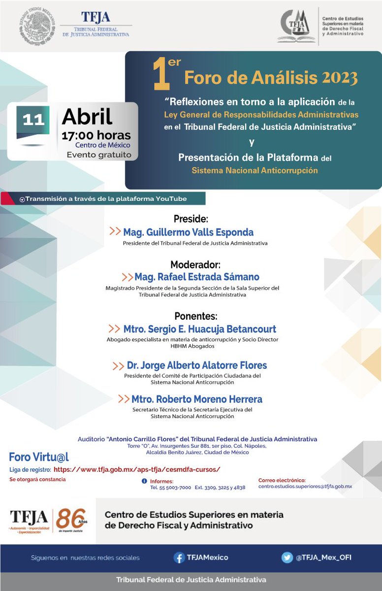 CesmdfaTFJA's tweet photo. Los invitamos al 1er Foro de Análisis 2023 📜“Reflexiones en torno a la aplicación de la Ley General de Responsabilidades Administrativas en el TFJA"  y Presentación de la Plataforma del SNA💻
Registro👉https://t.co/wBuFRMZBig
#TFJA
#CESMDFA
#ForoVirtual
#SNA
#LGRA
@TFJA_Mex_Ofi https://t.co/p4g5mHTbE6