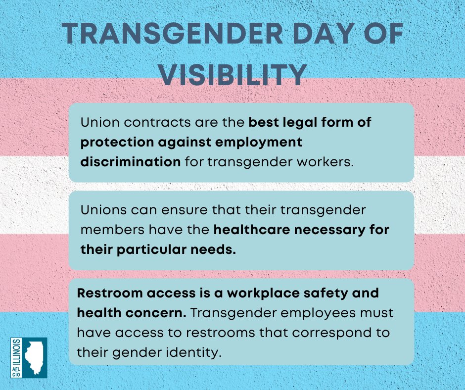 ILAFLCIO's tweet image. How can unions fight against gender discrimination?

🏥Ensure healthcare plans offer gender-affirming care
🚾 Offer gender inclusive restrooms
🚫 ZERO tolerance for harassment 
🙌 Celebrate trans members and let them know they belong 

#TransgenderDayOfVisibility #PrideAtWork