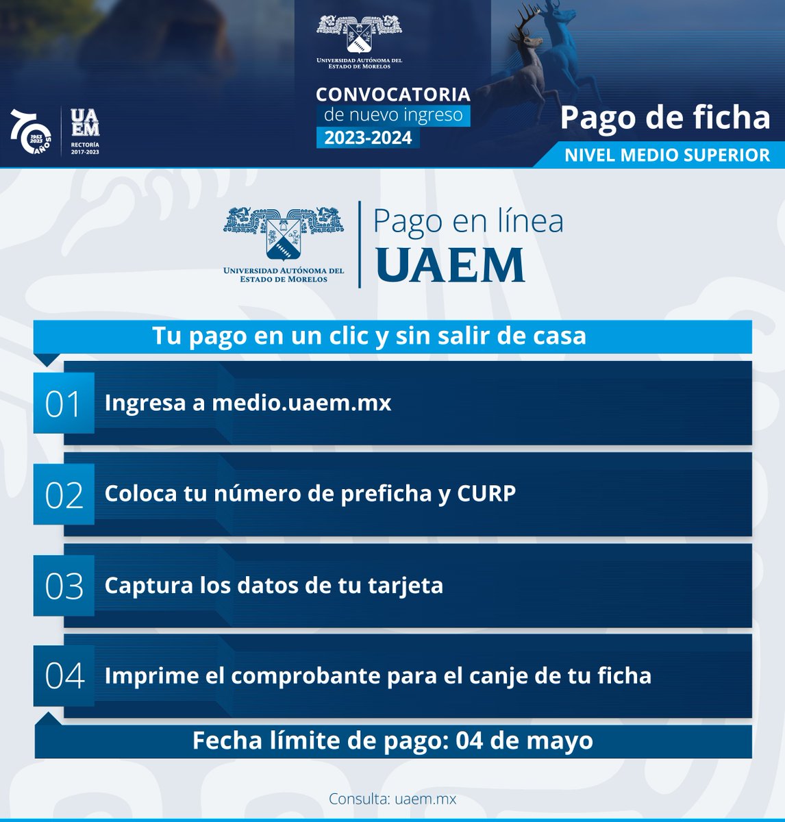 uaemorelos's tweet photo. Atención aspirante al nivel medio superior de la #UAEM haz tu pago de ficha en línea, sigue los pasos que aquí se te indican. https://t.co/A0JU3CLgnO