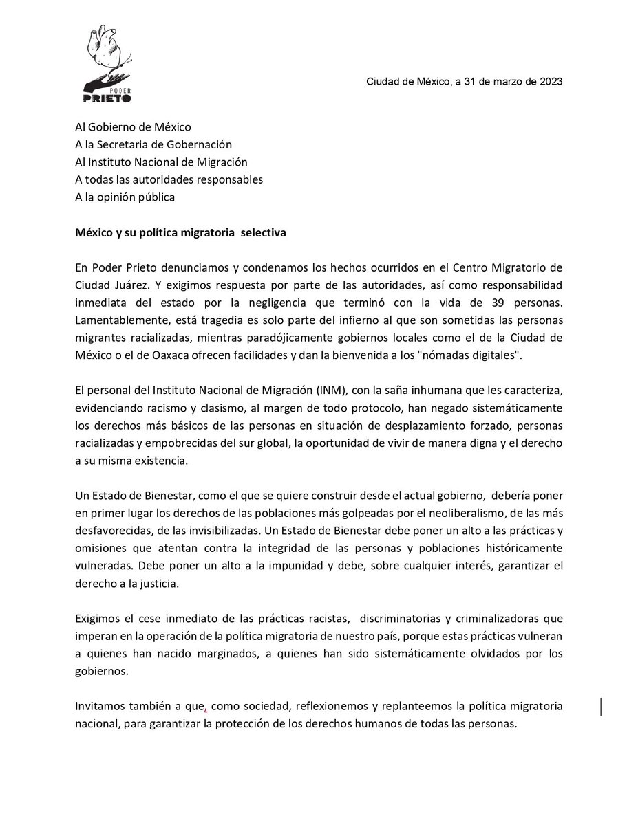 Comunicado sobre los acontecimientos en el Centro Migratorio de Ciudad Juárez.
👊🏿👊🏾👊🏽 #PoderPrieto