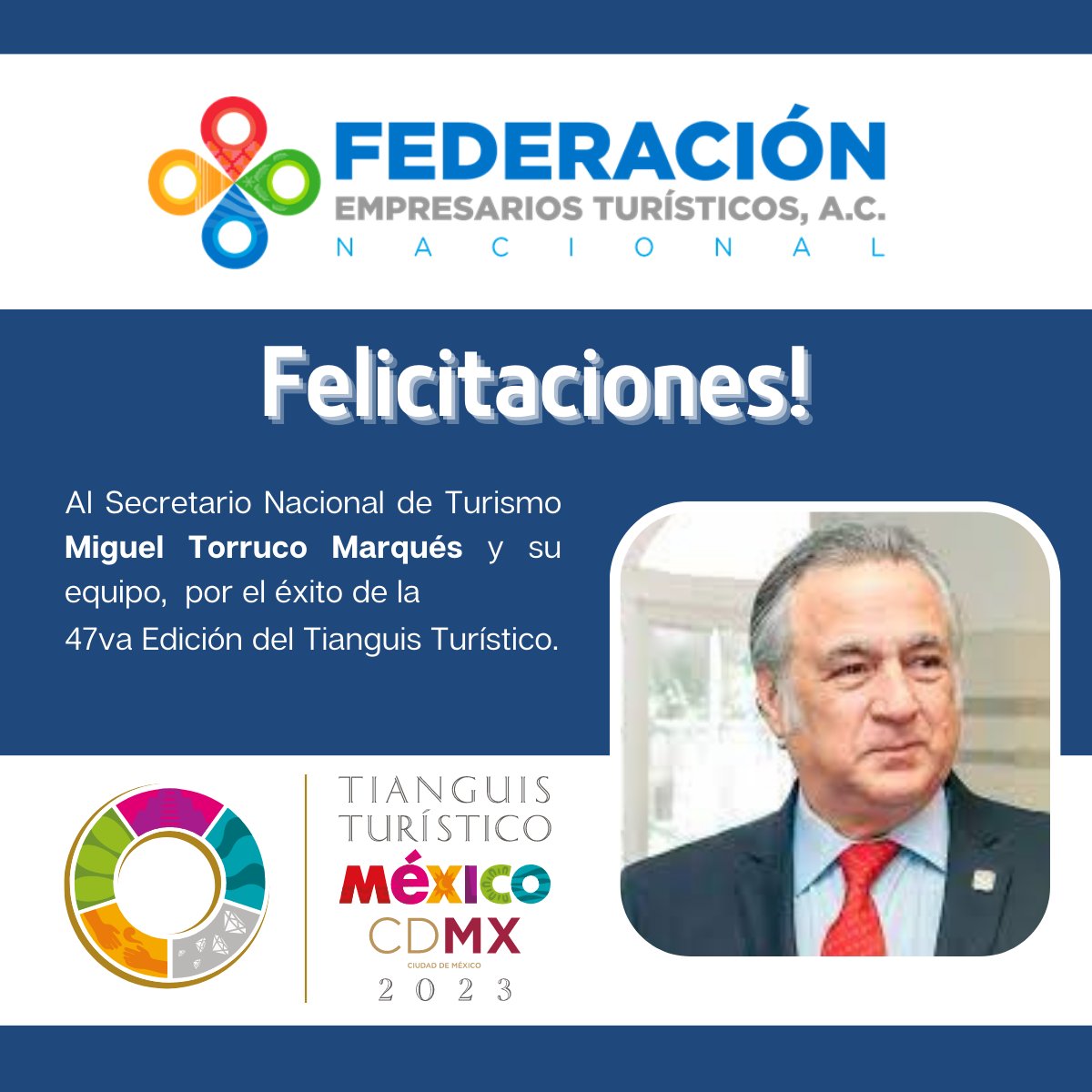 feturnacional's tweet photo. Nuestro reconocimiento al Secretario de Turismo @TorrucoTurismo por la organización del #TTCDMX , sin duda marca referente, se pudo percibir la unidad en el sector, estamos seguros que vienen tiempos mejores.
#TuristerosUnidos https://t.co/4gbl6mB6S1