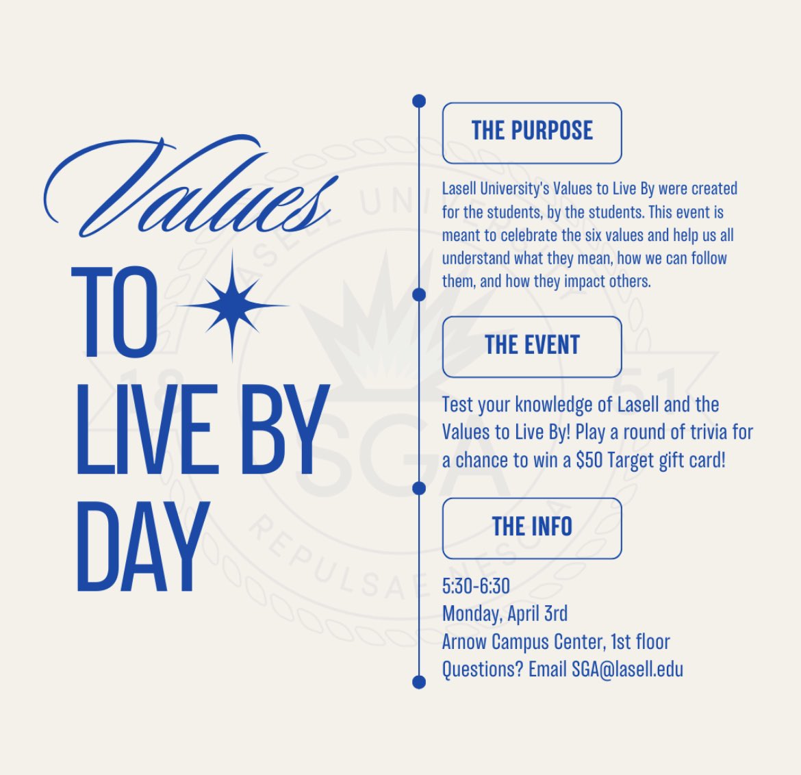 Join us this Monday in the 1st floor of Arnow to celebrate Values To Live By Day! Participate in Lasell trivia Kahoot for a chance to win a $50 Target gift card! #studentgovernment #laselluniversity #SGA