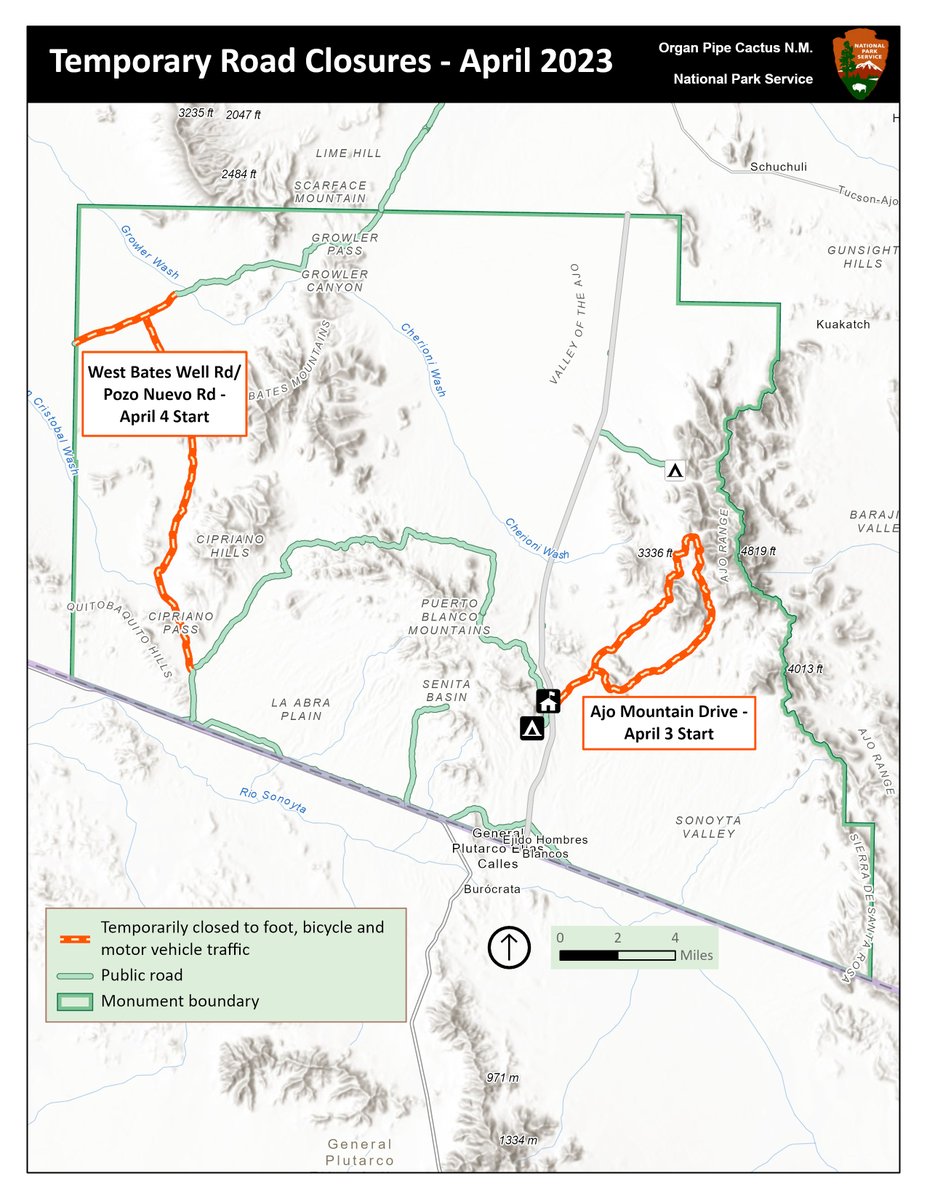 Bates Well Road will close April 4, 2023 from the intersection of Growler Wash to the boundary of the Cabeza Prieta National Wildlife Refuge, and Pozo Nuevo Road at the intersection of North Puerto Blanco Drive. For the full press release, visit nps.gov/orpi/learn/new…