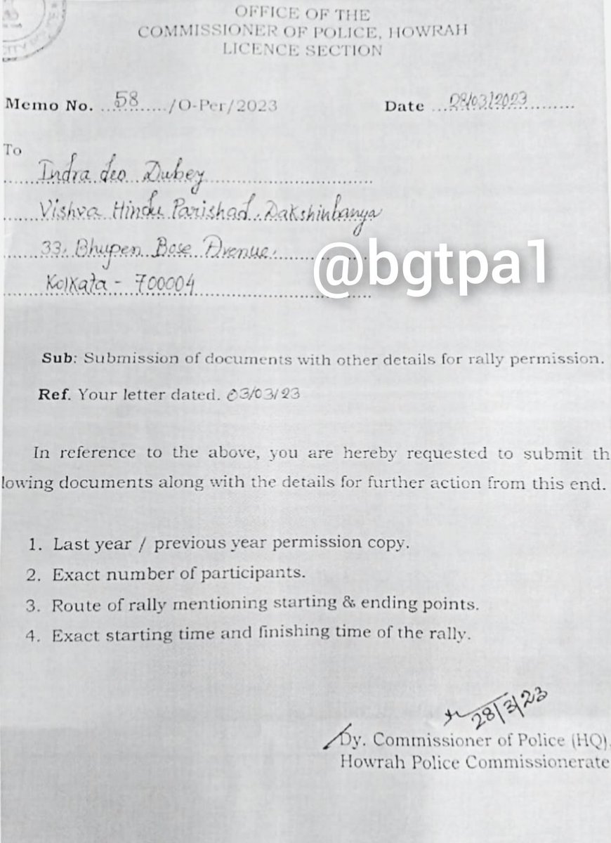 bgtpa1's tweet image. Enquired, documents show @hwhcitypolice granted permission to @VHPDigital for #RamNavami procession, they also replied against the letter of DCP(Hq), claims of CM @MamataOfficial and @AITCofficial NGS @abhishekaitc are false,misleading and malicious to cover-up Administrative and