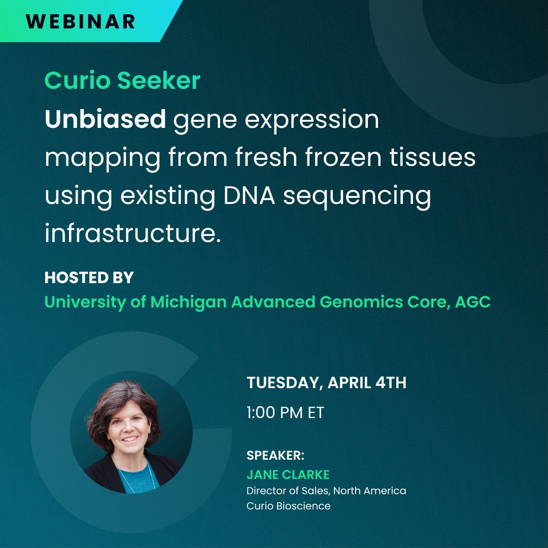 JOIN US to learn how Curio Seeker enables unbiased gene expression mapping from fresh frozen tissues using existing DNA sequencing infrastructure.✅

Register here: 
curiobioscience.com/registration/j…

#spatialtranscriptomics #geneexpression #biotechnology #webinar