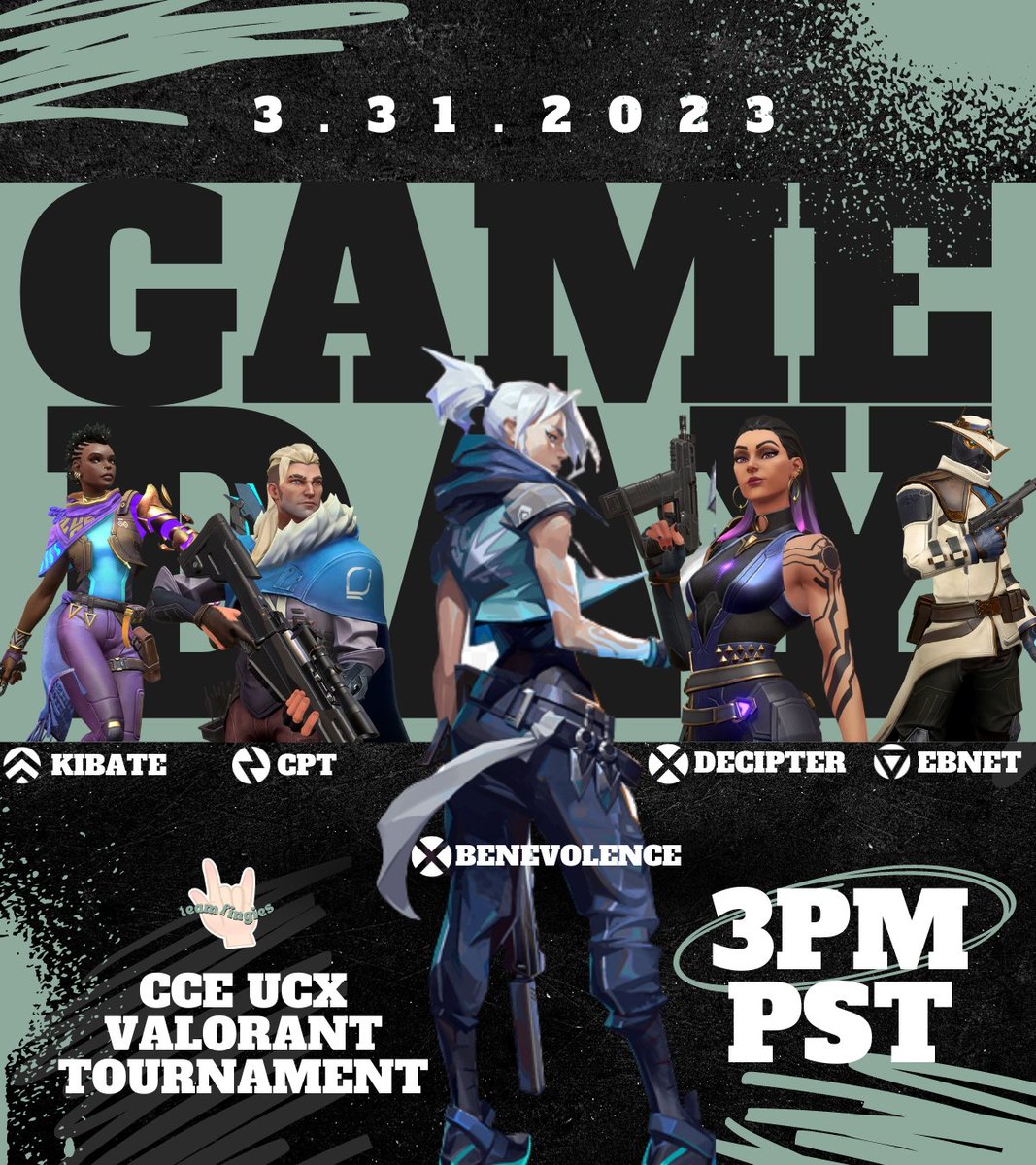 TeamFingies's tweet photo. check out TF on the group stage for CCE UCX's 5k Valorant Tournament! #TFONTOP

🖕| @BenevolenceFPS  
🤘| @k1bate  
🤘| @nullCpt   
🤘| @Decipter 
🤘| @Ebnutsian 
 
📺: https://t.co/bEqOVRZbMX https://t.co/oUdq08zGTI
