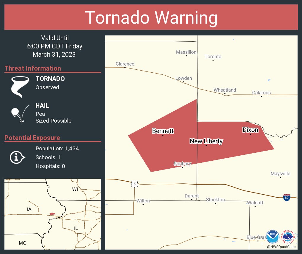 NWStornado's tweet photo. Tornado Warning continues for Bennett IA, Dixon IA and  New Liberty IA until 6:00 PM CDT https://t.co/yNDY0C7vuZ