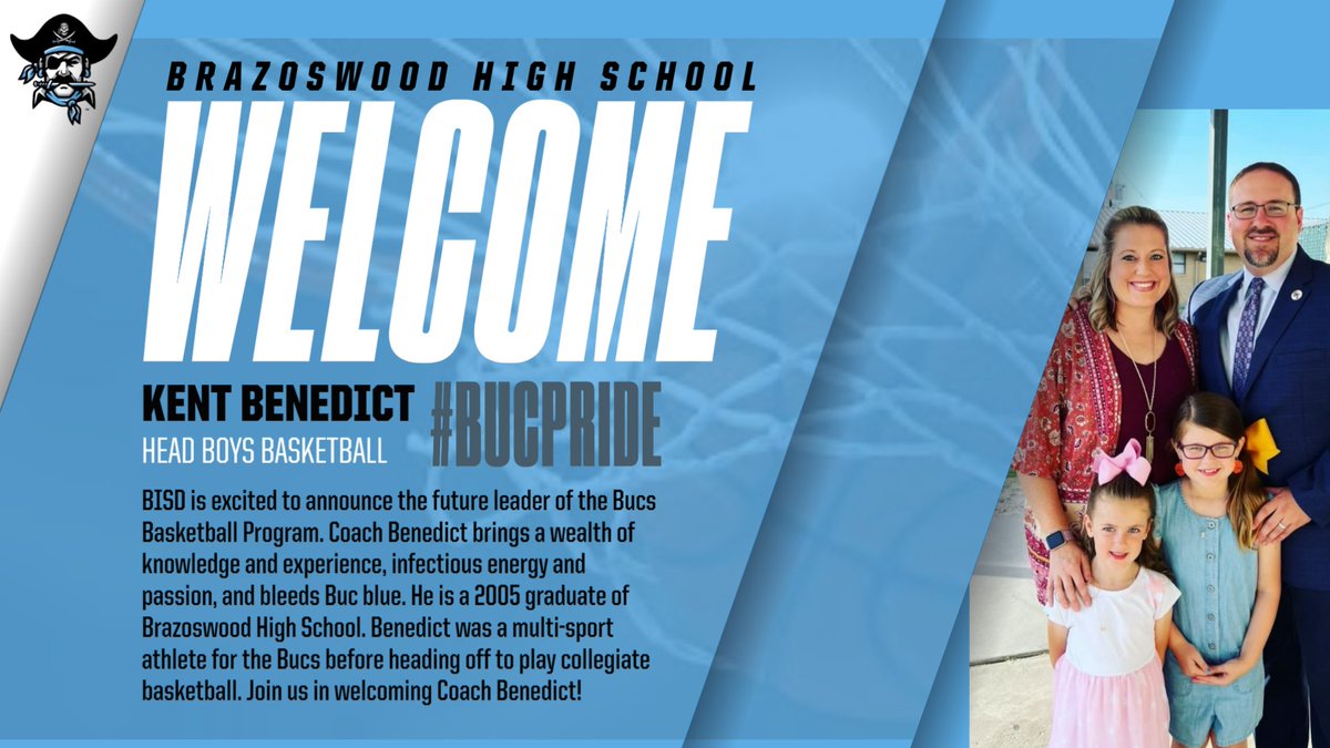 It's a great day to be a Buccaneer! @BrazosportISD, let's welcome Coach Kent Benedict, the new Head Boys Basketball Coach for our @BrazoswoodHoops. As a former Buc, he's coming with infectious energy, drive, and the full spirit of Buc Pride. Let's GO! @BwoodBucs @CoachBenedict