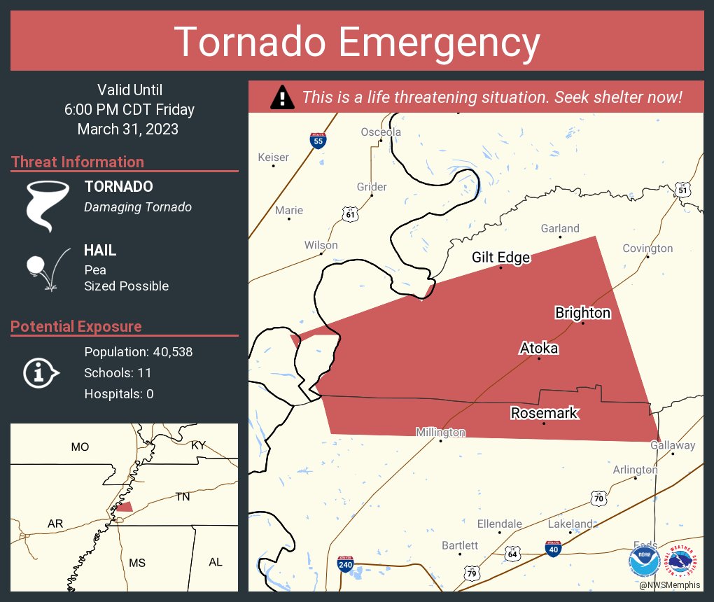 NWStornado's tweet photo. Tornado Emergency continues for Atoka TN, Munford TN and  Brighton TN until 6:00 PM CDT https://t.co/B4c3mgW2g7