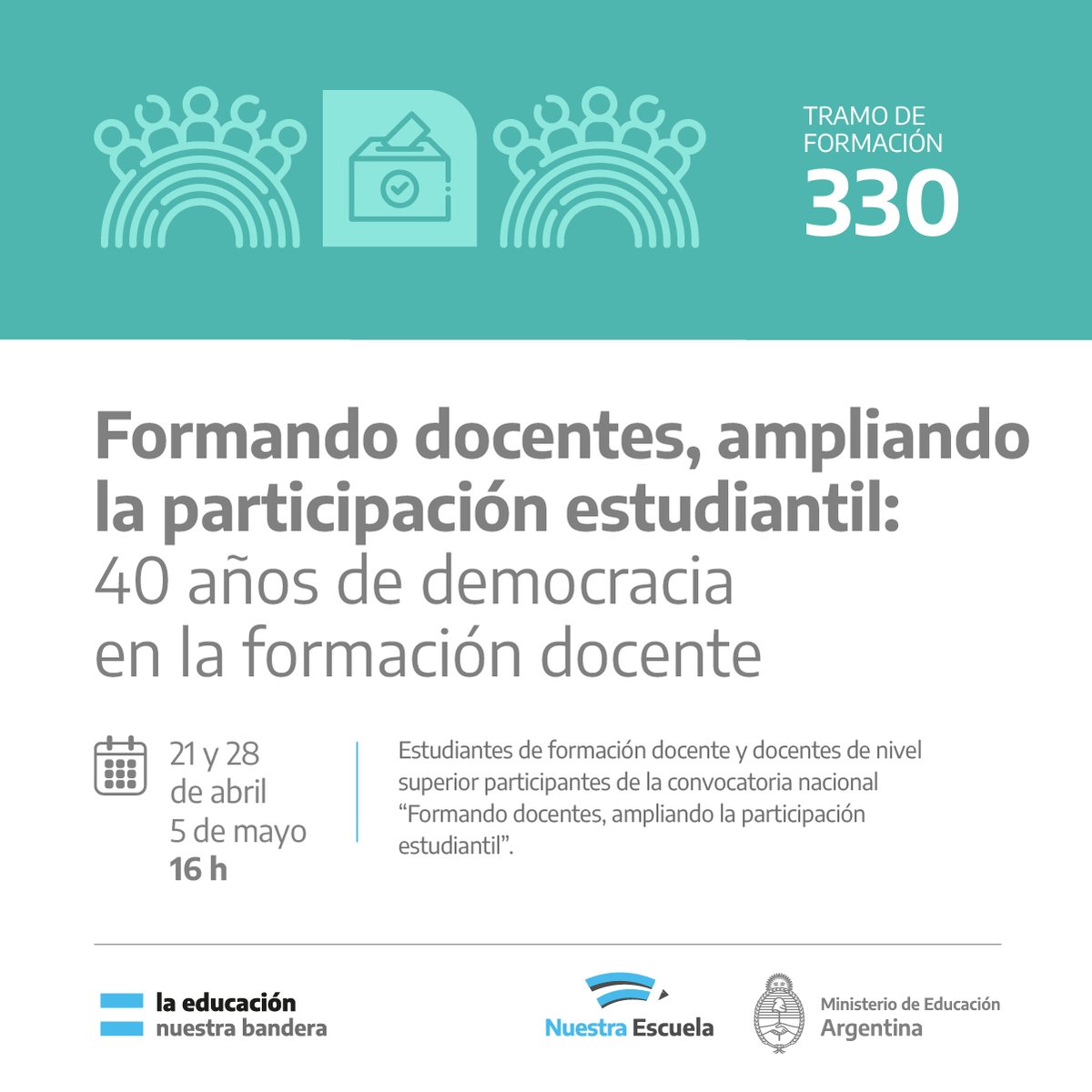EducacionAR's tweet photo. ¡Últimos Tramos de Formación del período abril!

💻 Conocé las propuestas e inscribite en este enlace: https://t.co/DGUaBZ5QGf

Tenés tiempo de inscribirte hasta el inicio de la última jornada de cada tramo.
📩 infdtic@infd.edu.ar https://t.co/lJLEMKCZ8j