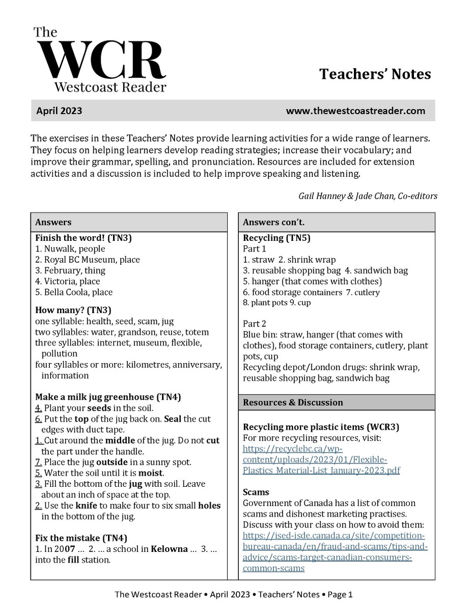 WestcoastReader's tweet image. ⭐Every issue of The Westcoast Reader comes with Teachers' Notes, with exercises, activities, resources and discussion topics! 
Download the April 2023 free Teachers' Notes at:  tinyurl.com/y7yfpmz2 
#TeachersNotes #Exercises #Newspaper4Learners #AdultLiteracy  #Literacy