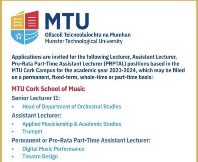 Some exciting vacancies in MTU Cork School of Music. Closing date for applications is 1pm on Tuesday 18th April.

All applications must be made online at mtu.ie/vacancies

@mtu_csm #musicjobs #theatrejobs #dramajobs #careers #Musiccareers #performingarts #Education