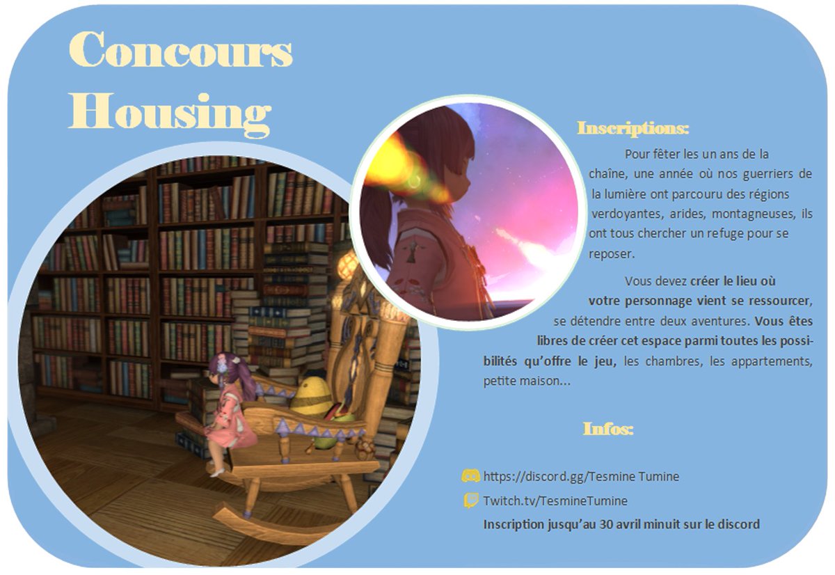 TesmineT's tweet photo. Pour fêter les un an de la chaîne, ce n'est pas un mais deux challenge housing qui vous sont proposés, infos dispos sur ma chaîne et mon discord
#challengehousing #ElderScrollsOnline #FFXIV #housing #twitchfr #streamfr https://t.co/AQ0dFEEczC