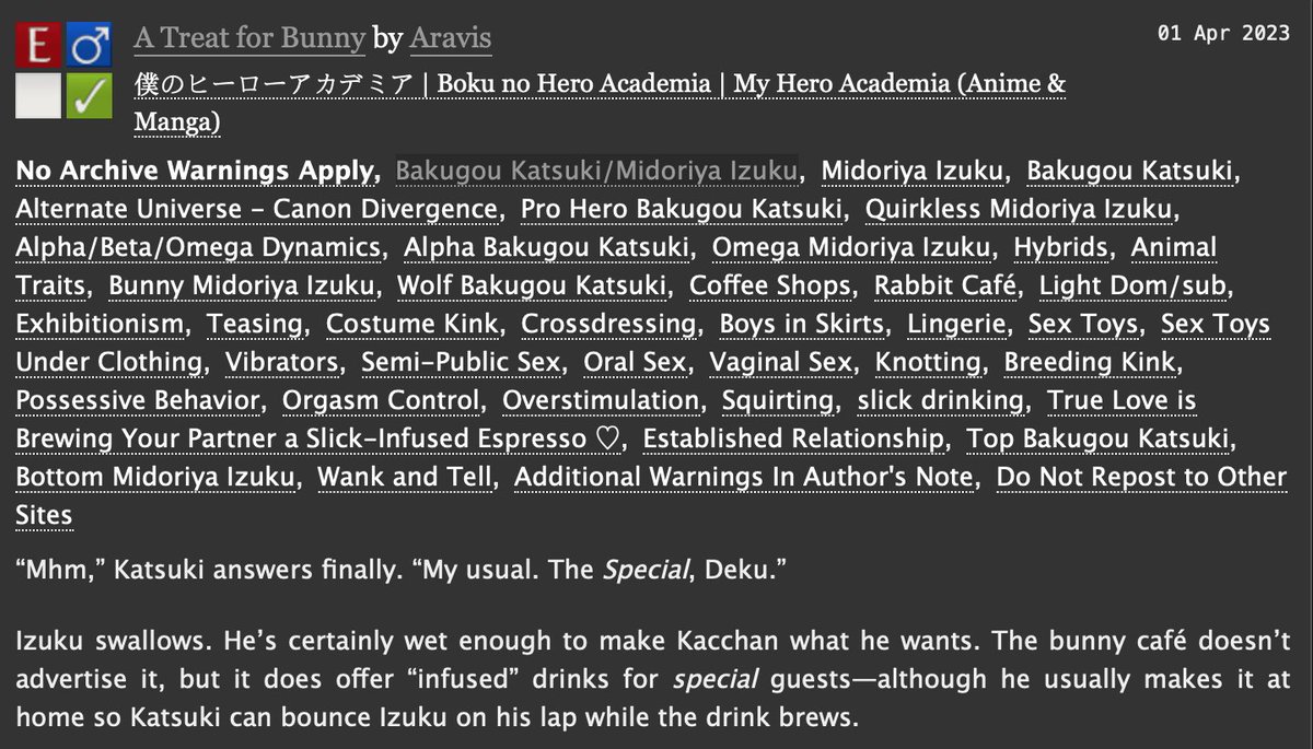 2nd piece for <a href="/sweetbkdkzine/">Popsicle | Zine Complete!</a>—I got to work with @dekuwus for this one~ ♡✧*｡ 
- - - 

A Treat for Bunny
3k | #bkdk | explicit

⚠️α/β/Ω, PH!bkg/QL!deku, hybrids, exhibitionism/voyeurism, degradation, cross-dressing, lingerie, vaginal sex 🪢, orgasm control~ 

🖇️⬇️