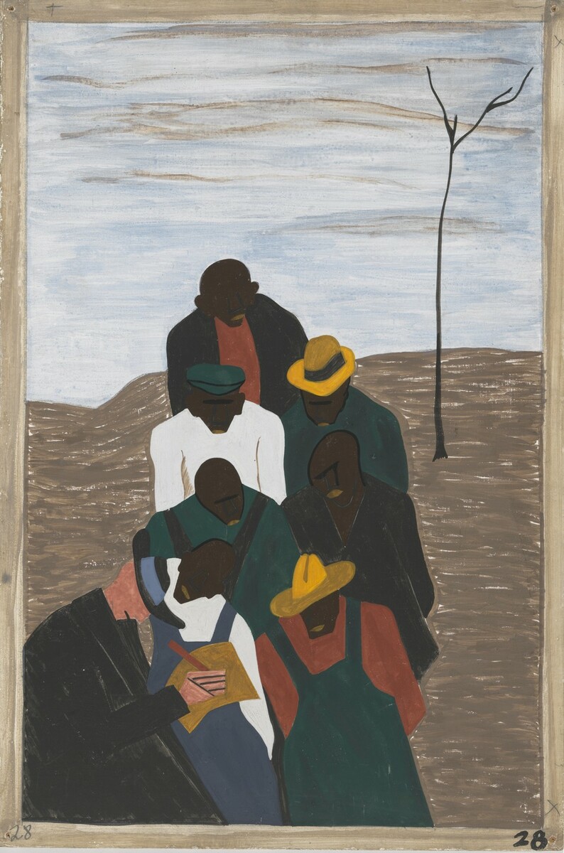 Jacob Lawrence, The labor agent who had been sent South by Northern industry was a very familiar person in the Negro counties, 1940-41 #jacoblawrence #museumarchive moma.org/collection/wor…