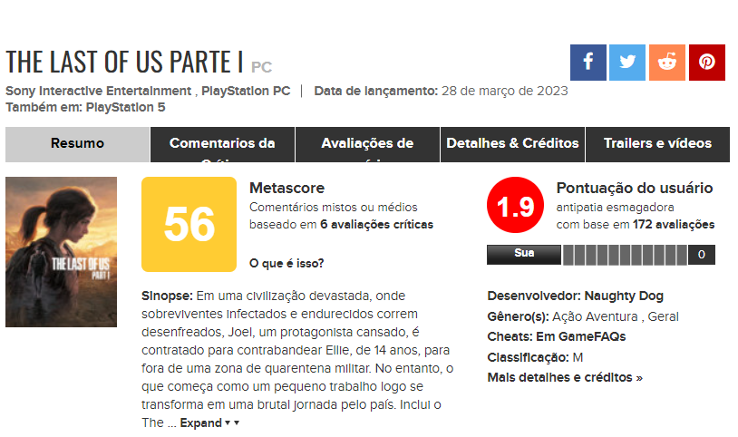 The Last of Us Part I no PC é nota amarela no Metacritic, veja as primeiras  avaliações - Windows Club