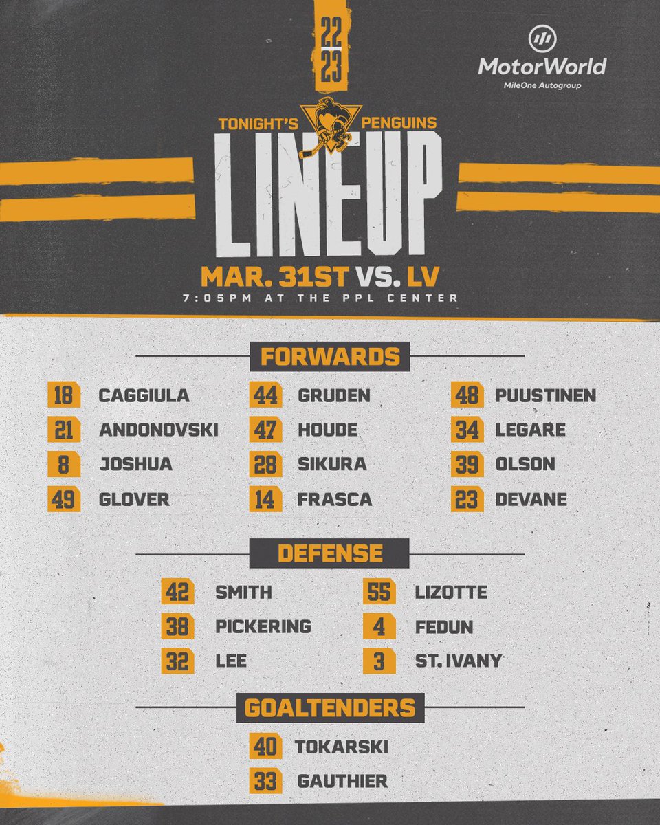 🚨New names in the lineup🚨

Jagger Joshua, Justin Lee, and Owen Pickering are all making their AHL debuts tonight!