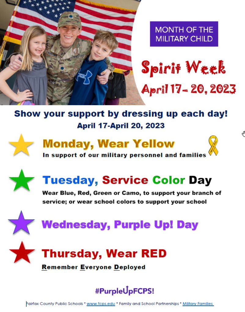 West Springfield ES (@wsesmustangs) on Twitter photo April is the Month of the Military Child!  Please join us in celebration with a spirit week, April 17th-20th! #purpleupFCPS April is the Month of the Military Child!  Please join us in celebration with a spirit week, April 17th-20th! #purpleupFCPS