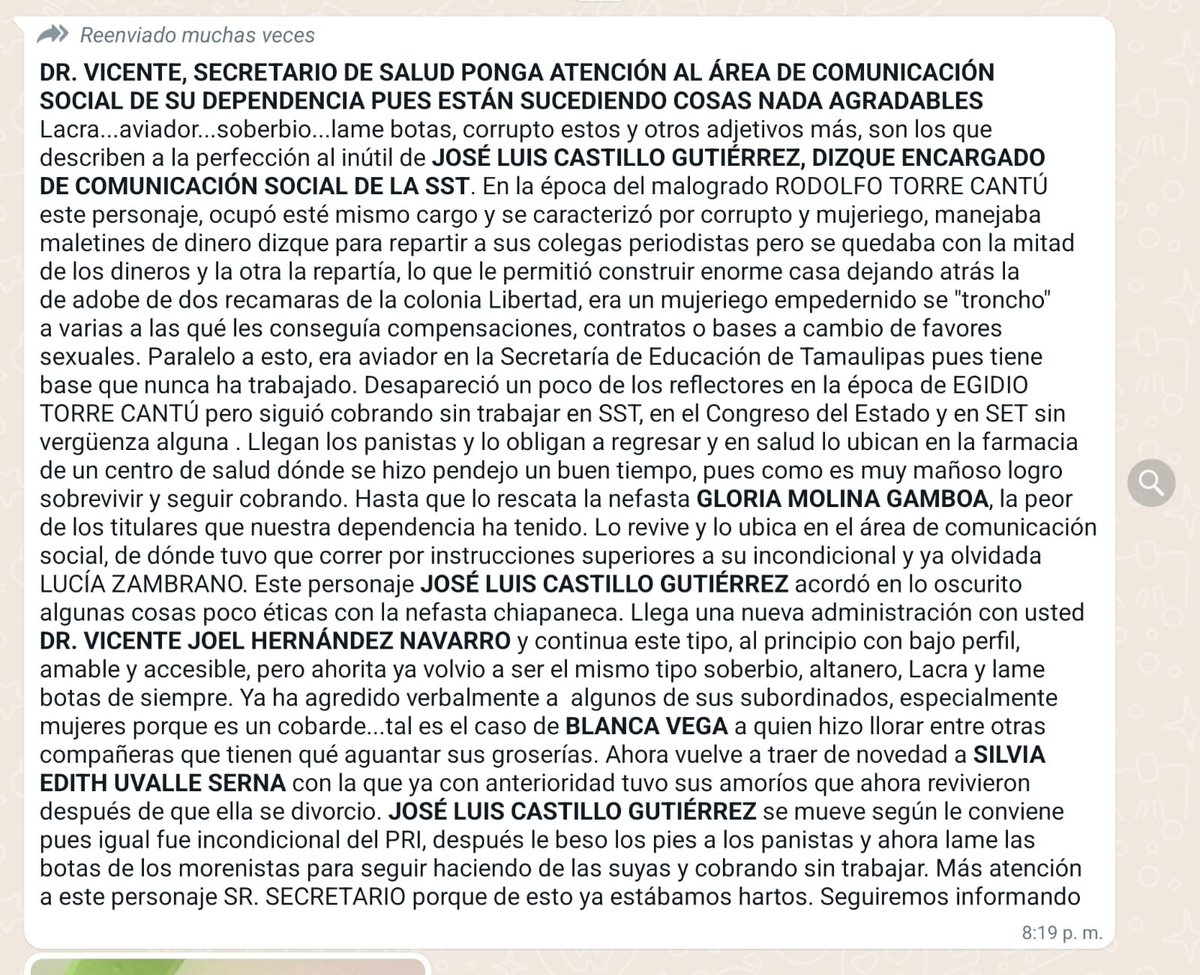 PoliticoJr's tweet image. Las mujeres de @TamaulipasSalud ya están cansadas del acosador y mujeriego @joseluiscgtz que sigue como encargado de comunicación, Gobernador @Dr_AVillarreal revise quien está a su cargo, él ni siquiera confía en su proyecto!
#CdVictoria #Tamaulipas #Salud #Reynosa #Matamoros