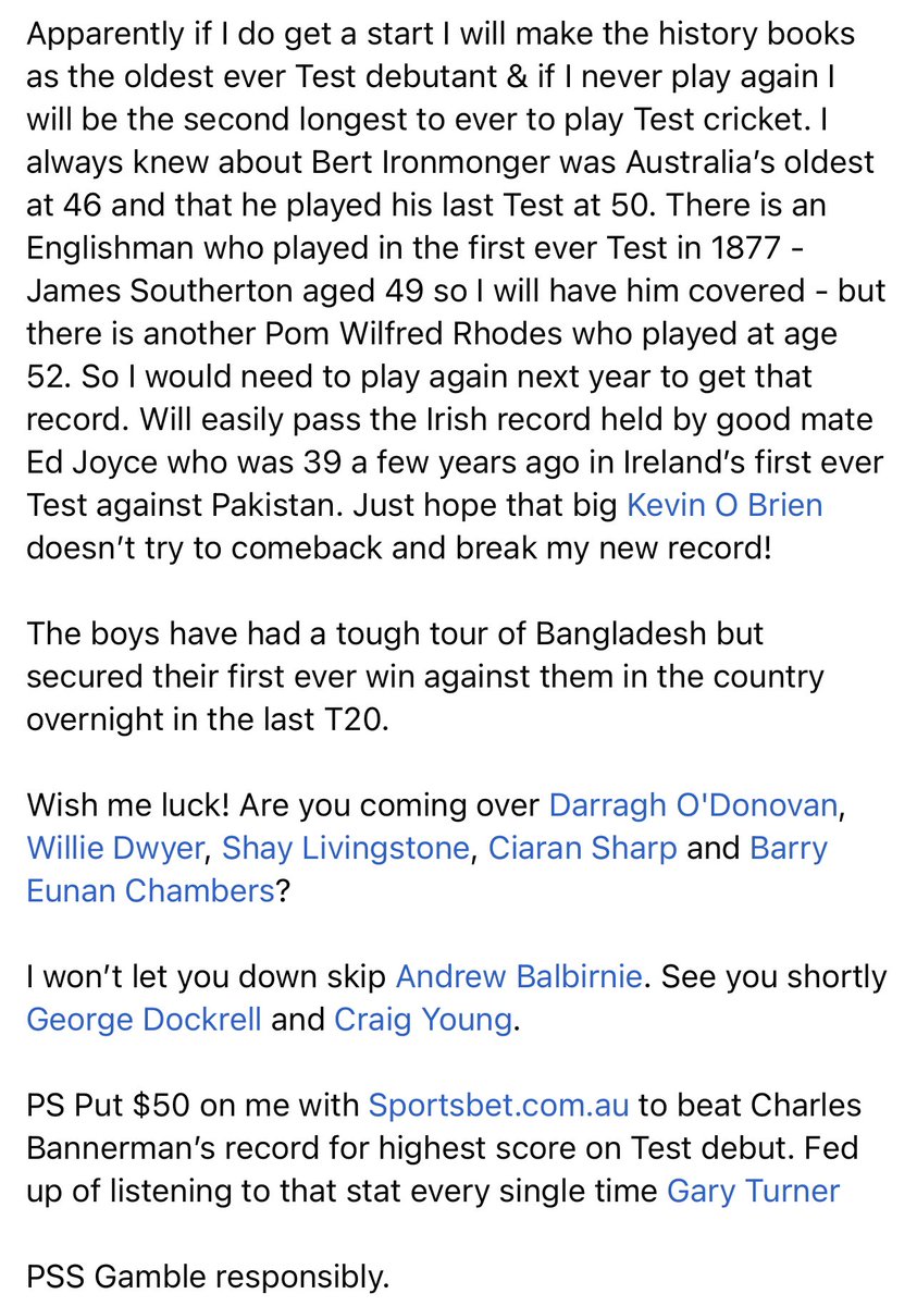 LarryLeprechau's tweet photo. What a whirlwind 6 hours. Can’t wait @cricketireland. See you soon skip @balbo90. Look out @BCBtigers I’m coming for you. Bannerman’s and Southerton’s records will soon be mine. #BANvIRE #NeverForgetThisDay #OldestTestDebutant @ESPNcricinfo @emirates https://t.co/F1q3LO4W6R