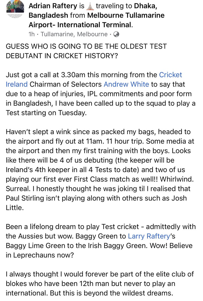 LarryLeprechau's tweet photo. What a whirlwind 6 hours. Can’t wait @cricketireland. See you soon skip @balbo90. Look out @BCBtigers I’m coming for you. Bannerman’s and Southerton’s records will soon be mine. #BANvIRE #NeverForgetThisDay #OldestTestDebutant @ESPNcricinfo @emirates https://t.co/F1q3LO4W6R