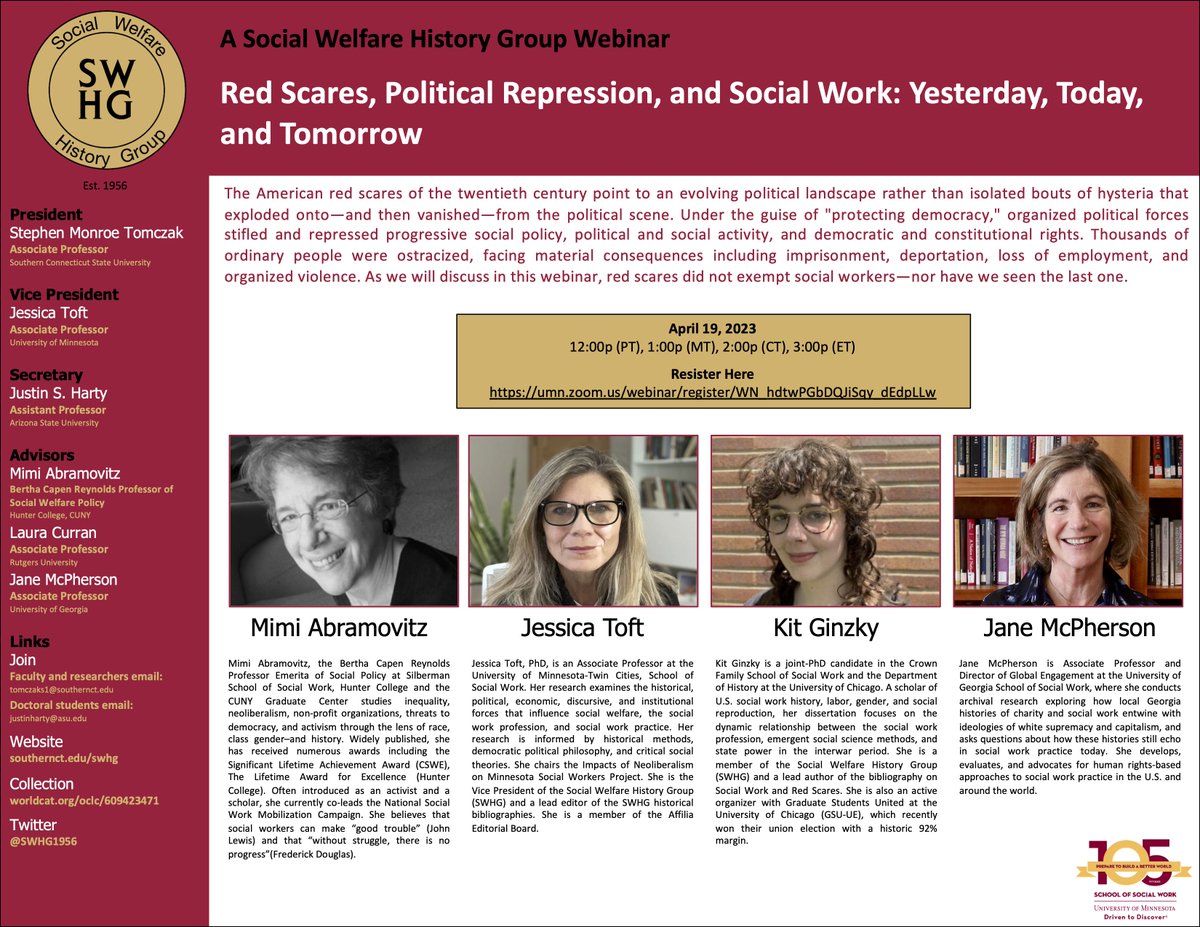 Social Welfare History Group (@swhg1956) on Twitter photo 🚨 Don't miss out on our upcoming webinar: "Red Scares, Political Repression, & Social Work: Yesterday, Today, and Tomorrow"! Delve into the evolving political landscape, its impact on social policy, and the challenges social workers face. Register now: umn.zoom.us/webinar/regist… 🚨 Don't miss out on our upcoming webinar: "Red Scares, Political Repression, & Social Work: Yesterday, Today, and Tomorrow"! Delve into the evolving political landscape, its impact on social policy, and the challenges social workers face. Register now: umn.zoom.us/webinar/regist…