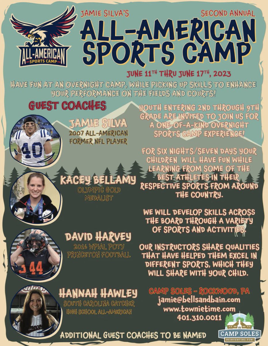 JamieSilva40's tweet photo. I am excited to host and run our second annual youth overnight sports camp! Sign ups are open! 🏈 🏀 ⚾️ 🎣 🏹 🥍 🏒…

https://t.co/d2GBv6mRMK https://t.co/2ra95uCXO3
