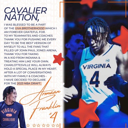 I am filled with so much emotion right now. To my Cavalier Family, Thee Best Fans In The World, Coach Bennett, Coach Williford, Coaching Staff, Players, and Parents, this has been an amazing 2 years. Thank y’all for embracing us. It’s All Love ❤️ #Hoos4Life. Proud of him🥰🙏🏽🙏🏽