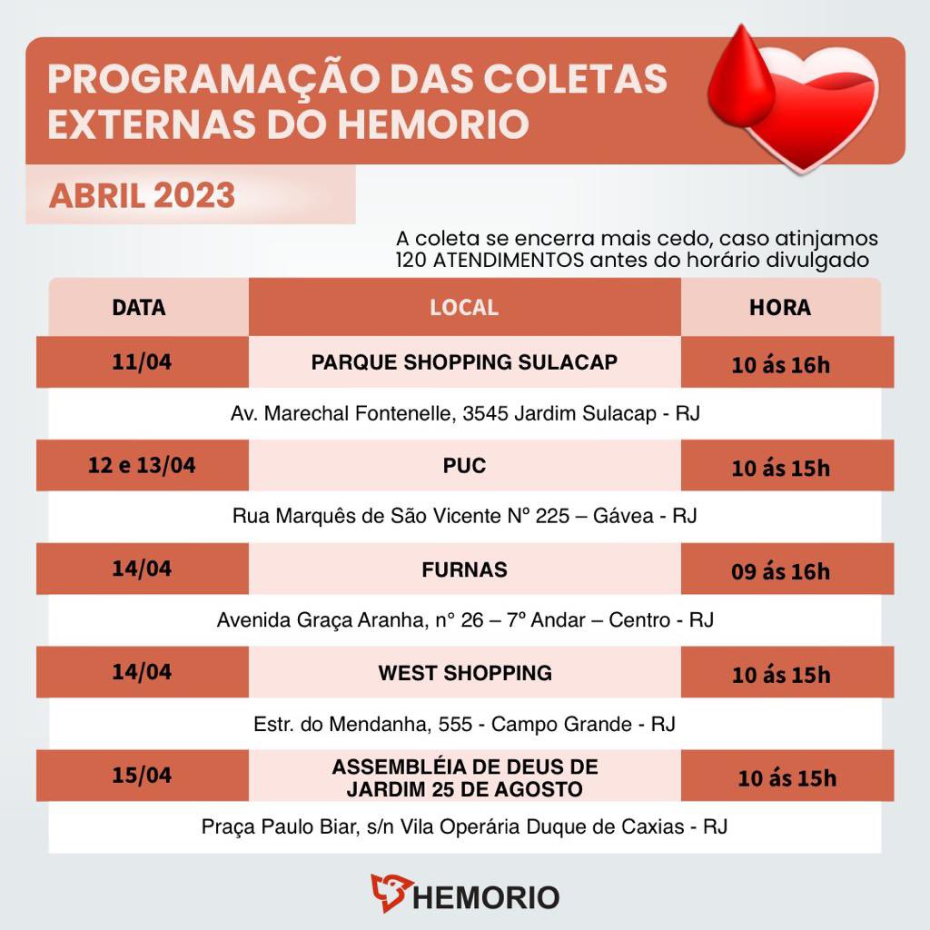 HEMORIO's tweet photo. Agenda de Abril meu povo!

Faltou só uma coleta nessa lista que entrou de última hora: Dia 22/04 - Associação do Verbo Amar!

Anota para não perder nada, hein! https://t.co/NpRy2XVGmX