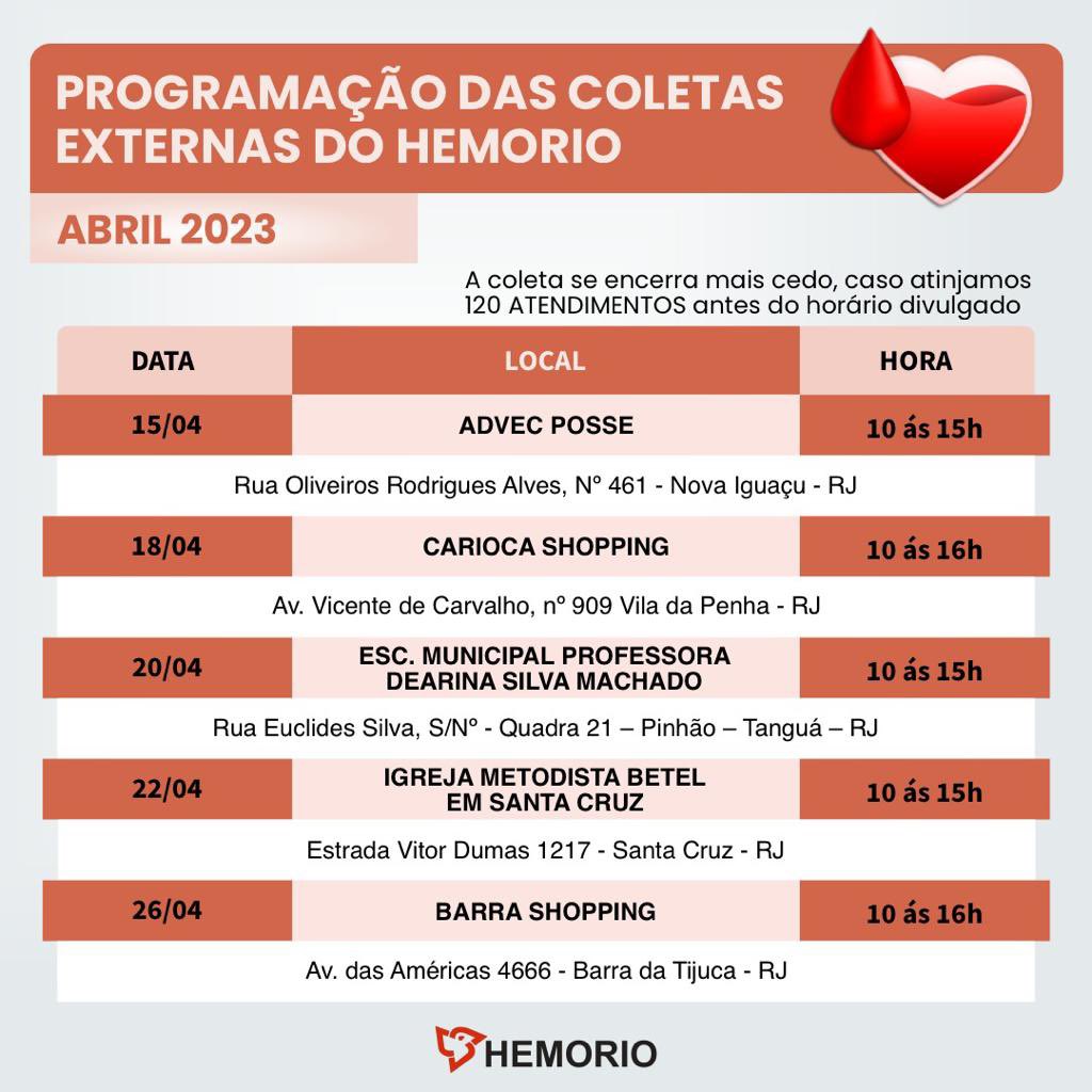 HEMORIO's tweet photo. Agenda de Abril meu povo!

Faltou só uma coleta nessa lista que entrou de última hora: Dia 22/04 - Associação do Verbo Amar!

Anota para não perder nada, hein! https://t.co/NpRy2XVGmX