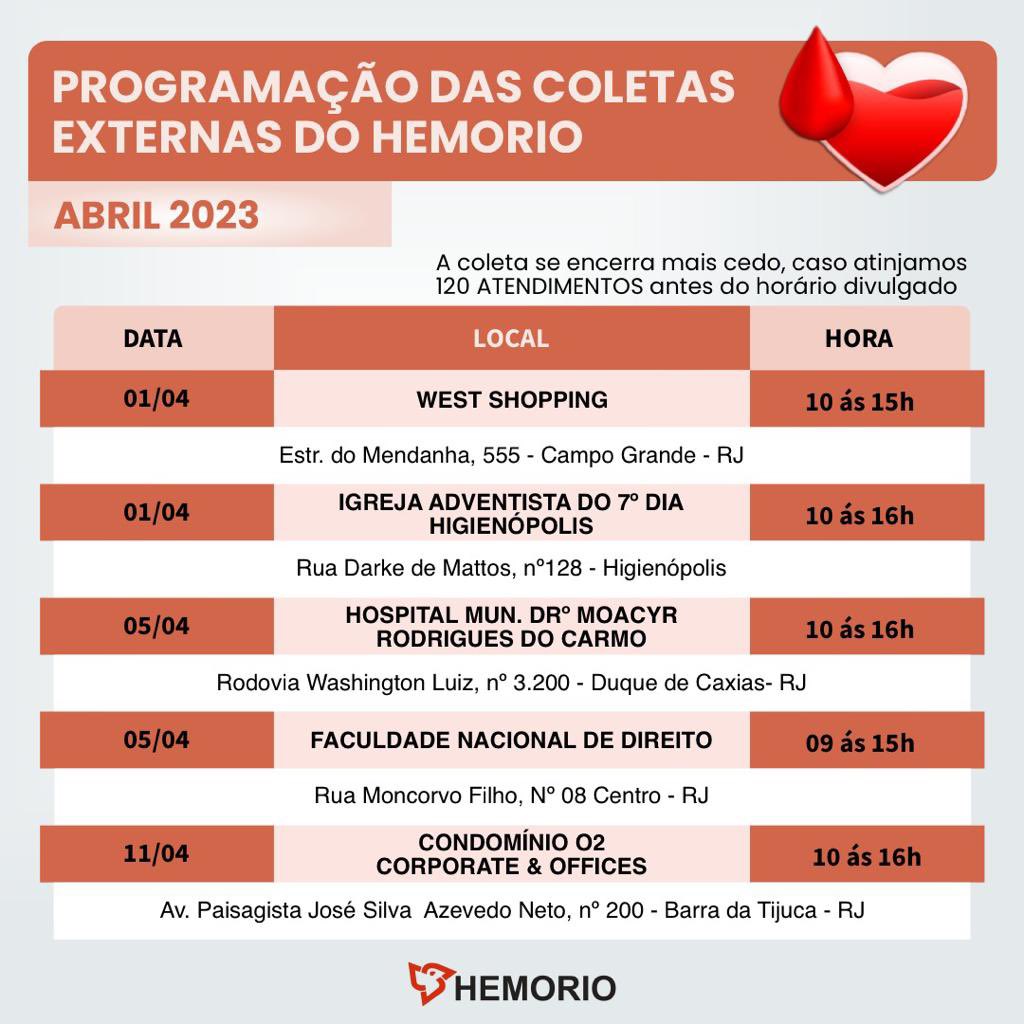 HEMORIO's tweet photo. Agenda de Abril meu povo!

Faltou só uma coleta nessa lista que entrou de última hora: Dia 22/04 - Associação do Verbo Amar!

Anota para não perder nada, hein! https://t.co/NpRy2XVGmX