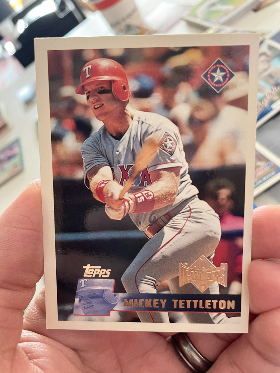 TXBaseballCards's tweet photo. Batting 8th and DHing….Mickey Tetttttttttleton! I figured the bulging dip in his lip would fit well in the bottom third of the lineup.

#straightuptx #texasrangers #baseball #openingday https://t.co/VtBoOeIw4i