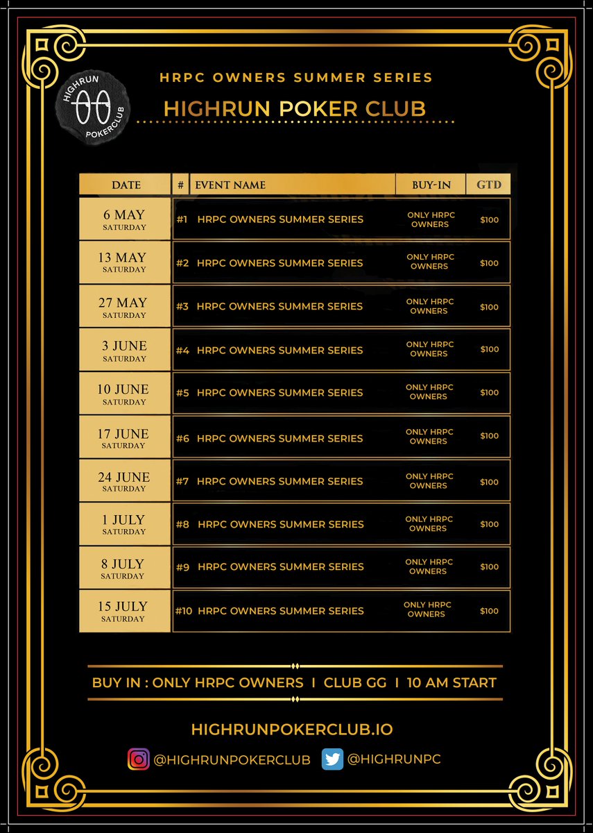 Summer series for HRPC owners! The total prize pool is $1,000, and only NFT owners can participate. And you can always mint to access it :) Join us

HRPC Discord:👉discord.gg/7ByHcYcBDr

#Poker #NFT #NFTGiveaways #PokerNFT #NFTCommunity #NFTs #Freeroll #giveaway #ポーカー #포커