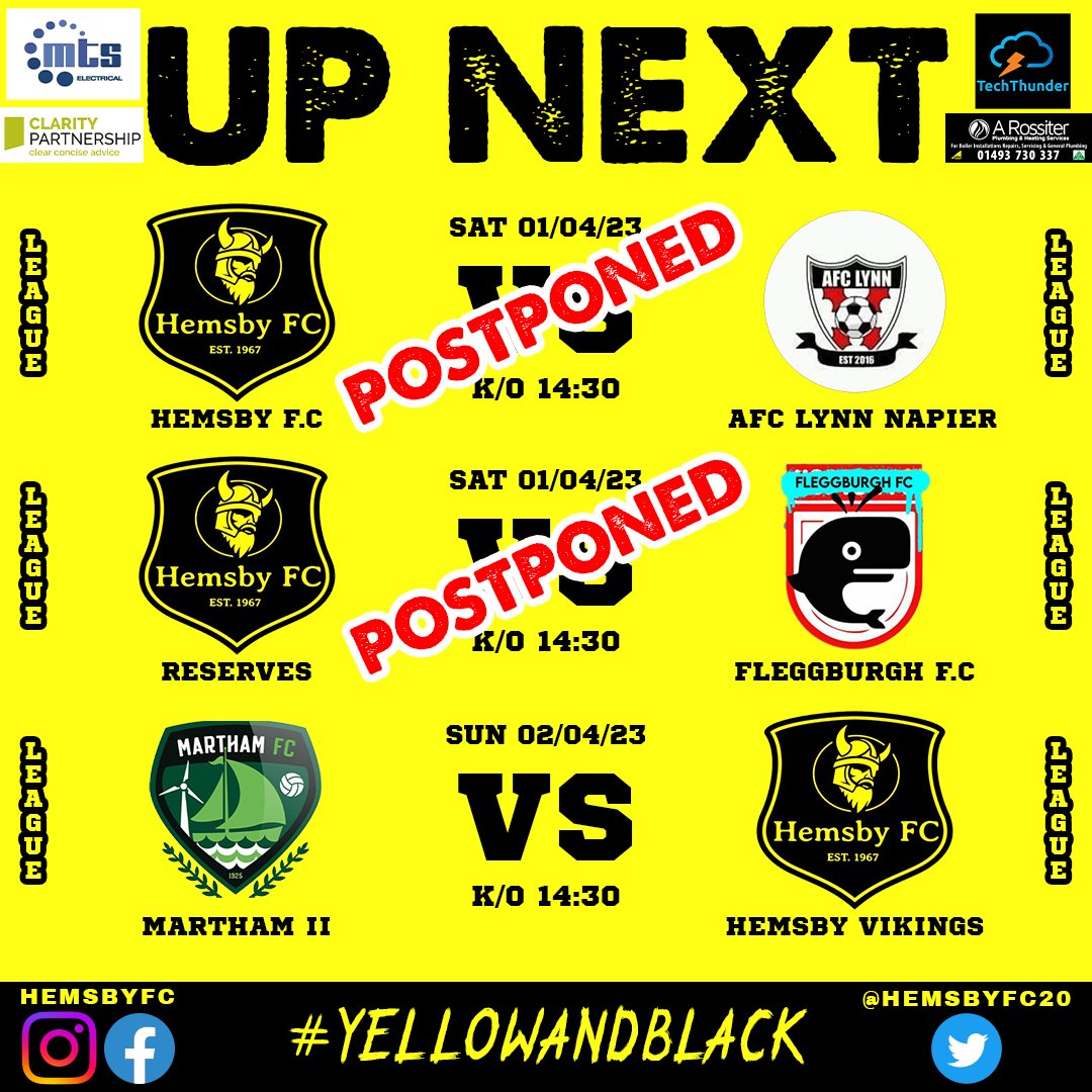 HemsbyFC20's tweet photo. 🟡⚫️FIXTURES UPDATE⚫️🟡
Due to pitch condition our 1st team game against @AfcLynn & our reserves game against Fleggburgh FC have been POSTPONED
SUN - Our Vets are away to @MarthamFC1 vets
#hemsbyfc #nonleaguefootball #reserves #vetsteam #afclynn #marthamfc #sponsorship https://t.co/3PRZ05Lx10