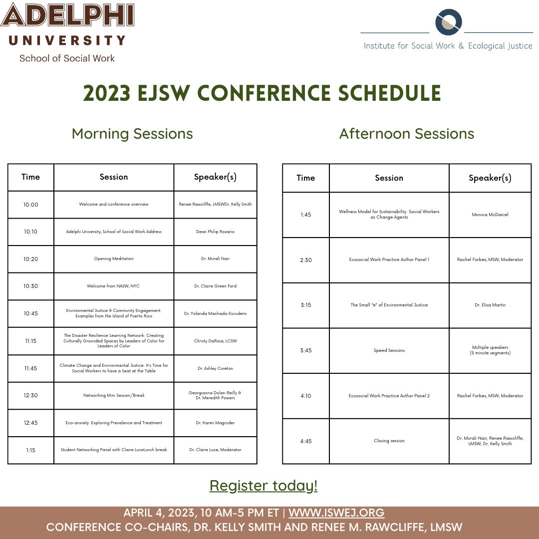 AdelphiSWContEd's tweet photo. @theISWEJ Our agenda is finalized! We CANNOT wait until Tuesday! #climateworkissocialwork #EJSW2023 https://t.co/4i6mmyXbgo