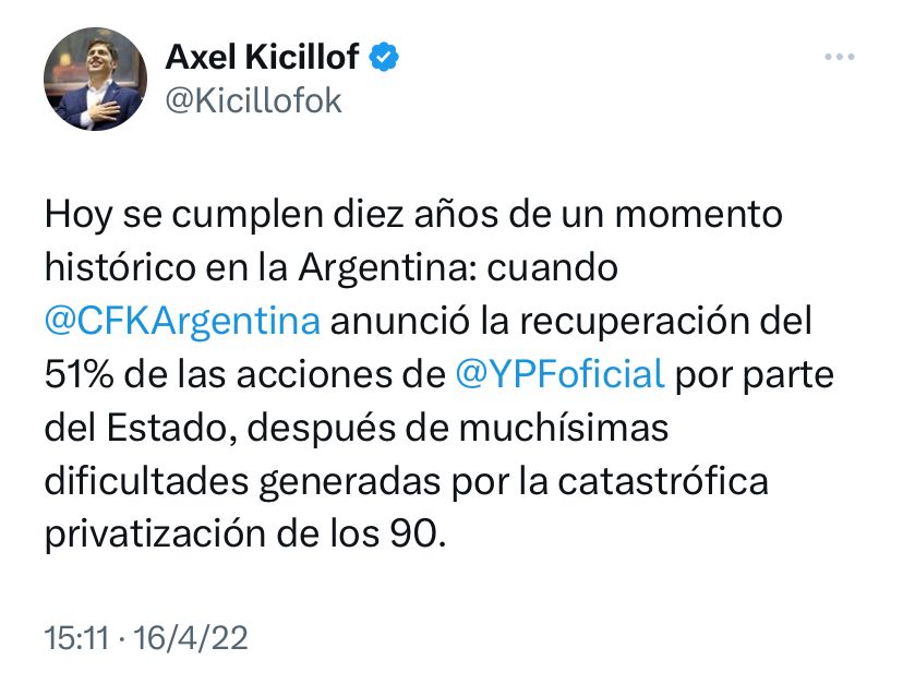 ¿Se acuerdan cuando el gobernador <a href="/Kicillofok/">Axel Kicillof</a> celebraba el cumpleaños de la estatización de YPF? Hoy nos enteramos que la fiestita nos va a costar casi 20 mil millones de dólares. Yo fui una de los 32 diputados que nos opusimos.
