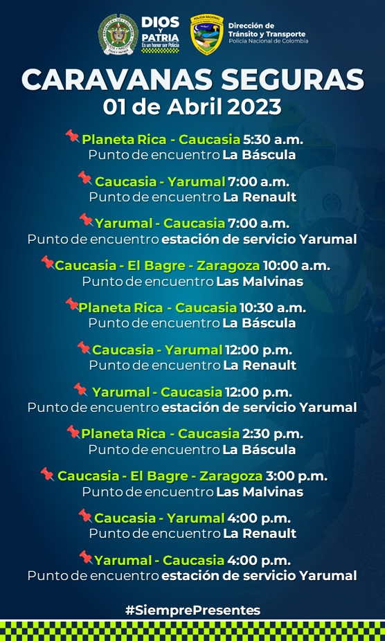 anibalgaviria's tweet photo. Aumentamos capacidades y frecuencias de nuestras #CaravanaPorLaVida para garantizar la movilidad durante Semana Santa. UNIDOS con @PoliciaColombia cuidamos el empleo, el comercio, el turismo, la salud y la VIDA. Compartimos los horarios y rutas de mañana, 1 de abril. https://t.co/mhtgGY462P