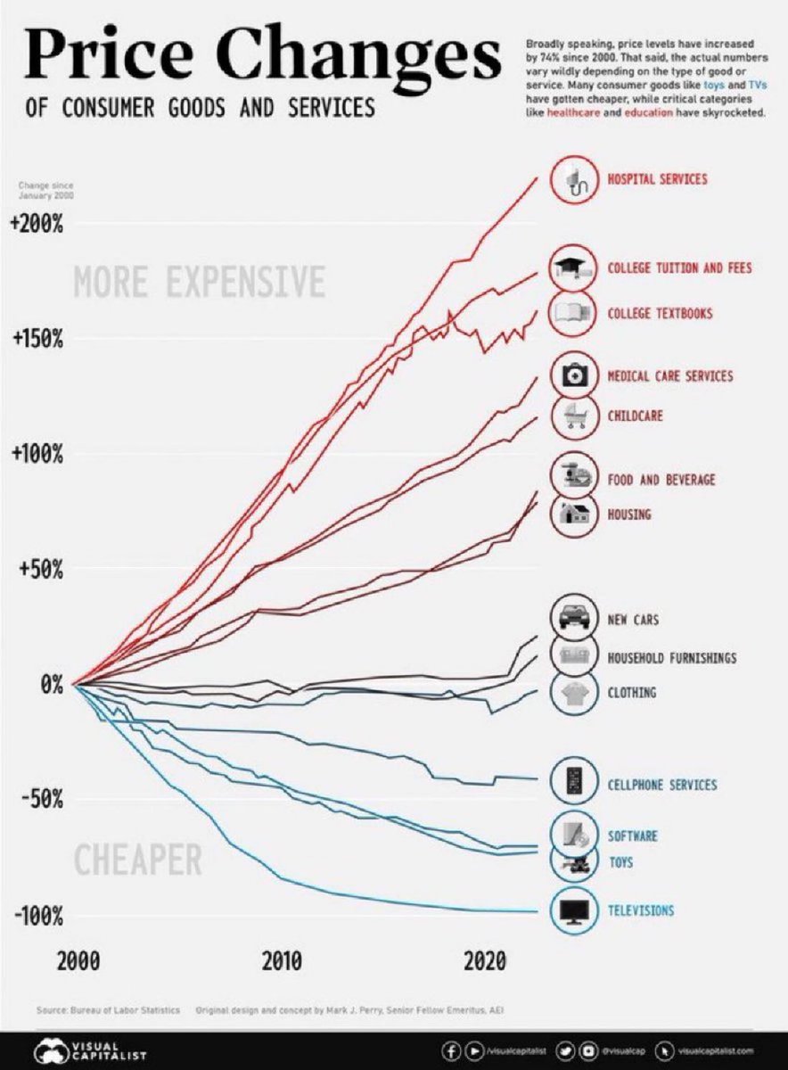ValaAfshar's tweet photo. PRICE CHANGES 2000-2020:

MOST EXPENSIVE 
🏥 Hospital services 200%+
🏫 College tuition 175%+
🏢 Childcare 130%+
 🛒 Food and beverages 80%+
🏠 Housing 75%+
🚙 New car 30%+

LEAST EXPENSIVE 
📱 Cellphone -40%
🖥️ Software -70%
🕹️ Toys -80%
📺 Television -90% https://t.co/J8Wr5Jk6fH