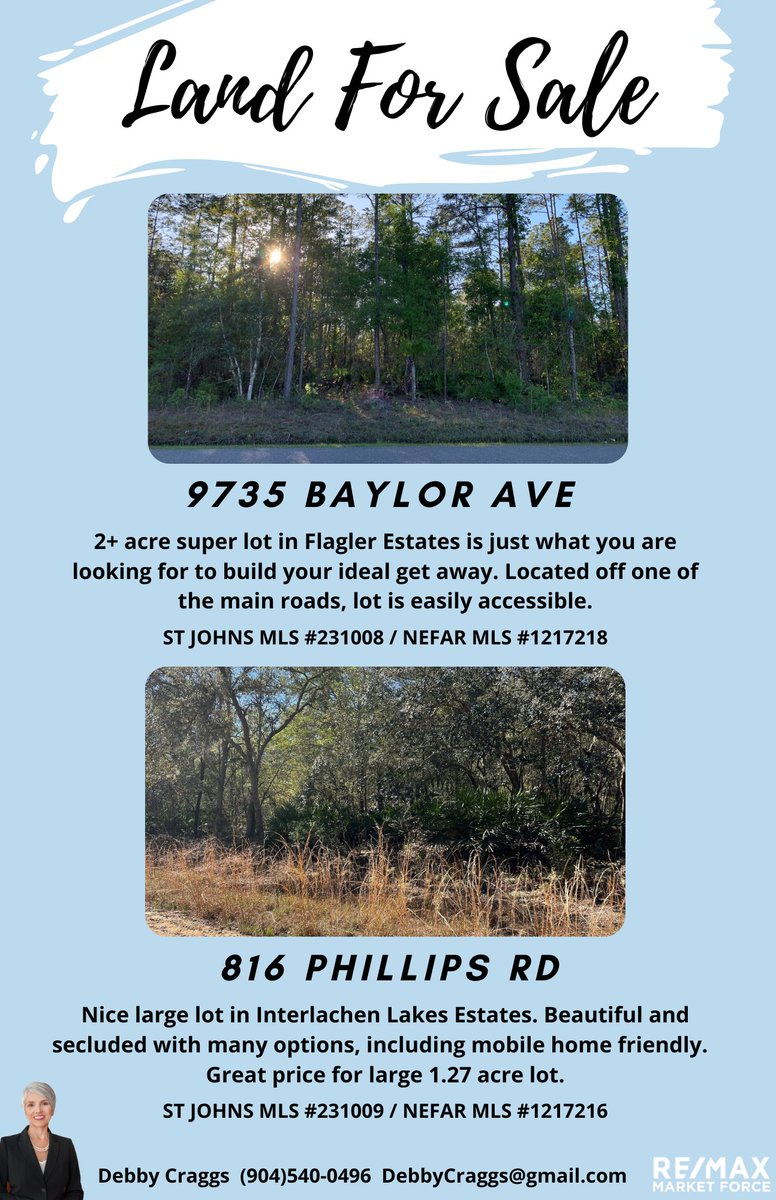 ✨2 great opportunities to build your dream home!

9735 BAYLOR AVE
rem.ax/3YW8kSI
816 PHILLIPS RD
rem.ax/42cq0wm

#countryliving #buildyourdreamhome #lotforsale #landforsale #northeastflrealestate #stjohnscounty #putnamcounty #lovewhereyoulive
