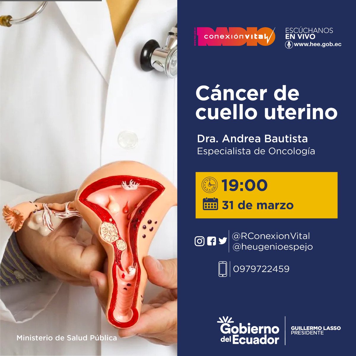 #HOY | 👉 19:00 🎙️.
Te invitamos a escuchar "Radio Conexión Vital". 
Invitada: Dra. Andrea Bautista - Especialista de Oncología del <a href="/heugenioespejo/">Hospital de Especialidades Eugenio Espejo 🇪🇨</a>, tratará sobre "Cáncer de cuello uterino".

Sintonízanos en: hee.gob.ec