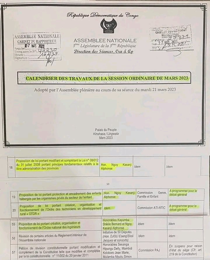 Robertmulumba82's tweet photo. Voici le calendrier des travaux de la session ordinaire de mars 2023 adopté par l'Assemblée nationale au cours de sa séance du mardi 21 mars de la même année, et la loi Tiani est jugée inopportun 🤣🤣🤣 https://t.co/ZKhAeUrMWK