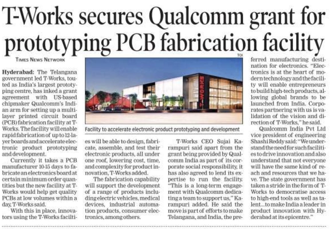 _PrashuReddy's tweet image. The #Telangana government led T-Works, touted as India’s largest prototyping centre, has inked a grant agreement with US-based chipmaker #Qualcomm’s Indian arm for setting up a multilayer printed circuit board (PCB) fabrication facility at #TWorks

@KTRBRS @qualcomm_in @Qualcomm