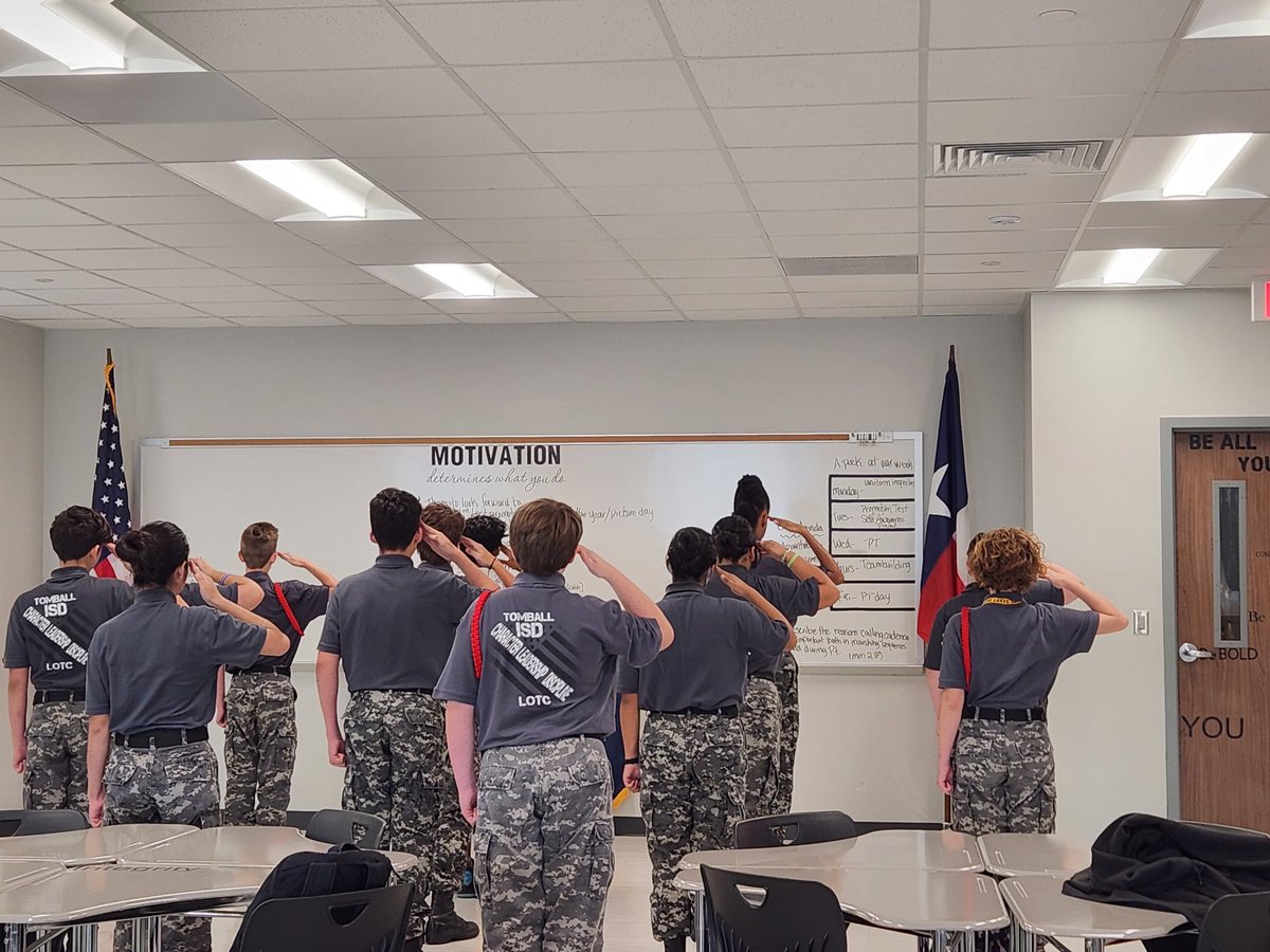 JoanneStraker's tweet photo. What does a day in our class look like? We start with accountability. The platoon leader calls a formation. They take attendance, pledge allegiance, check for ID cards, and recite the LOTC creed. #teachAccountability #LOTC @TISDGLJHS https://t.co/Q8h8QhKnGA