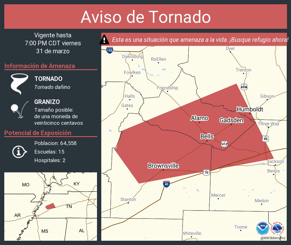 NWS Memphis on Twitter "Aviso de Tornado continúa Brownsville TN, Humboldt TN, Alamo TN hasta