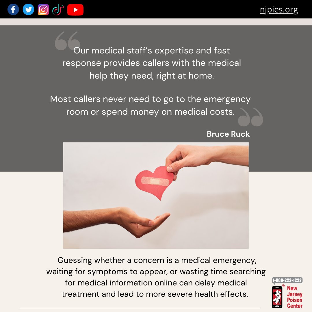 NJPoisonCenter's tweet photo. Poisonings happen to people of all ages.
One number, lots of experts. A call to the NJ Poison Control Center is always answered by a doctor, nurse, or pharmacist.
Get the help you need right where you are.
๐ฑโ๏ธ 800-222-1222
#NJPoisonControl #NJPoisonCenter #healthtips https://t.co/7uZRO7hRSu
