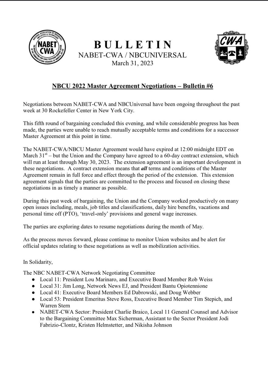 NBC Negotiations: Bulletin #6
#union #negotiations