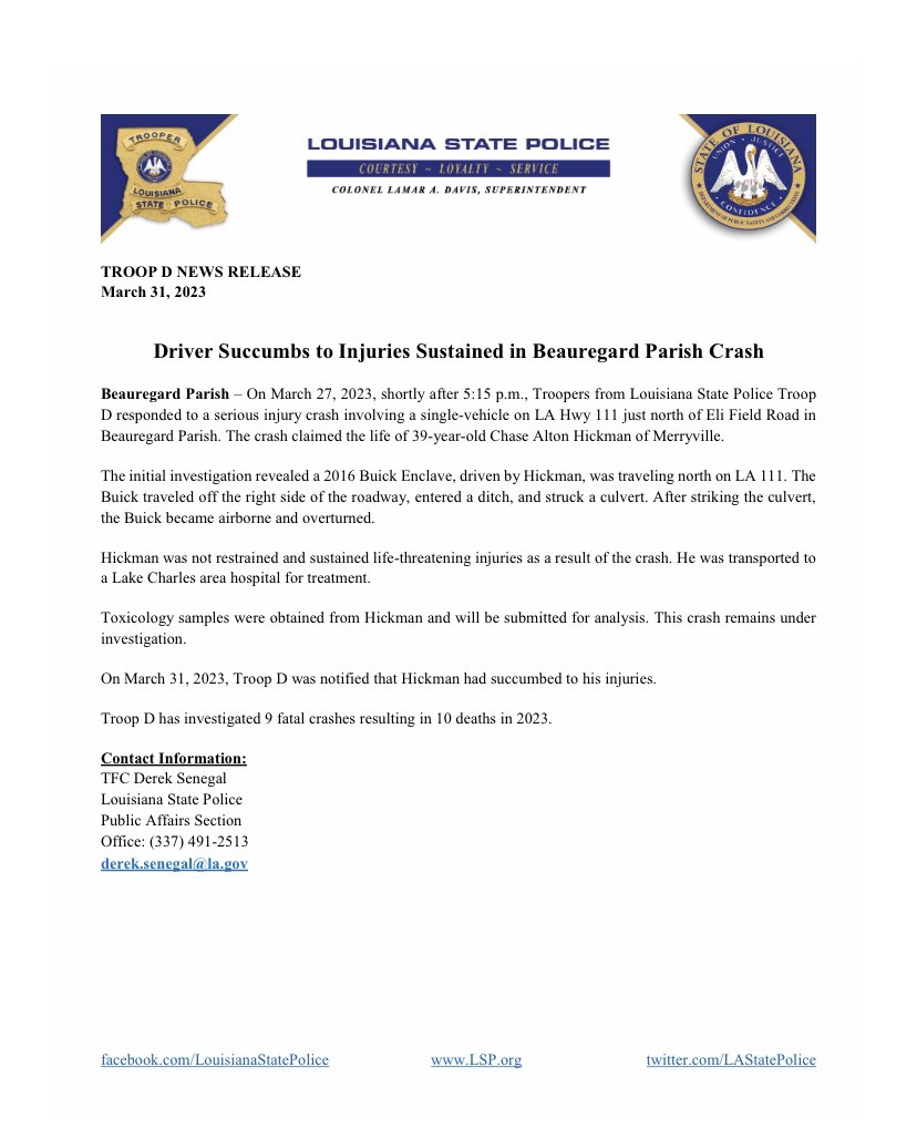 LA State Police on Twitter "TROOP D NEWS RELEASE March 31, 2023 Driver
