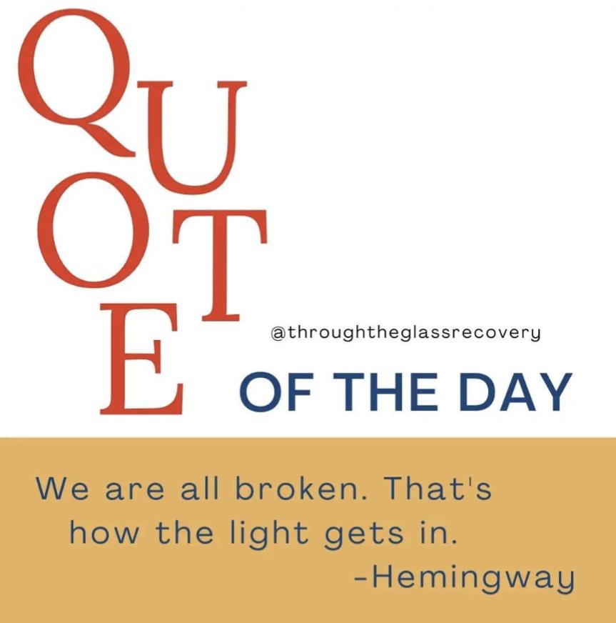 love this quote so much. You are never too broken for the light to get in. 

#hemingway #inspirationalquotes #broken #sobermotivation #soberinspiration #fridayfeels #letthelightin #bethelight #soberisbetter #sobrietyrocks #recoverywarrior #alcoholfree #afliving #RecoveryPosse