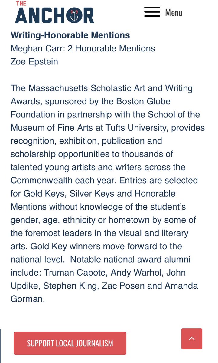 Thank you Laura Donnelly and <a href="/AnchorHingham/">Hingham Anchor</a> for recognizing the 8 HHS students who received Massachusetts Scholastic Art and Writing Awards in March. This is a huge honor, and we are very proud of our students! <a href="/MAdamsSupt/">Dr. Margaret Adams</a> <a href="/HinghamSchools/">Hingham Public Schools</a> <a href="/rswansonhingham/">Rick Swanson</a>